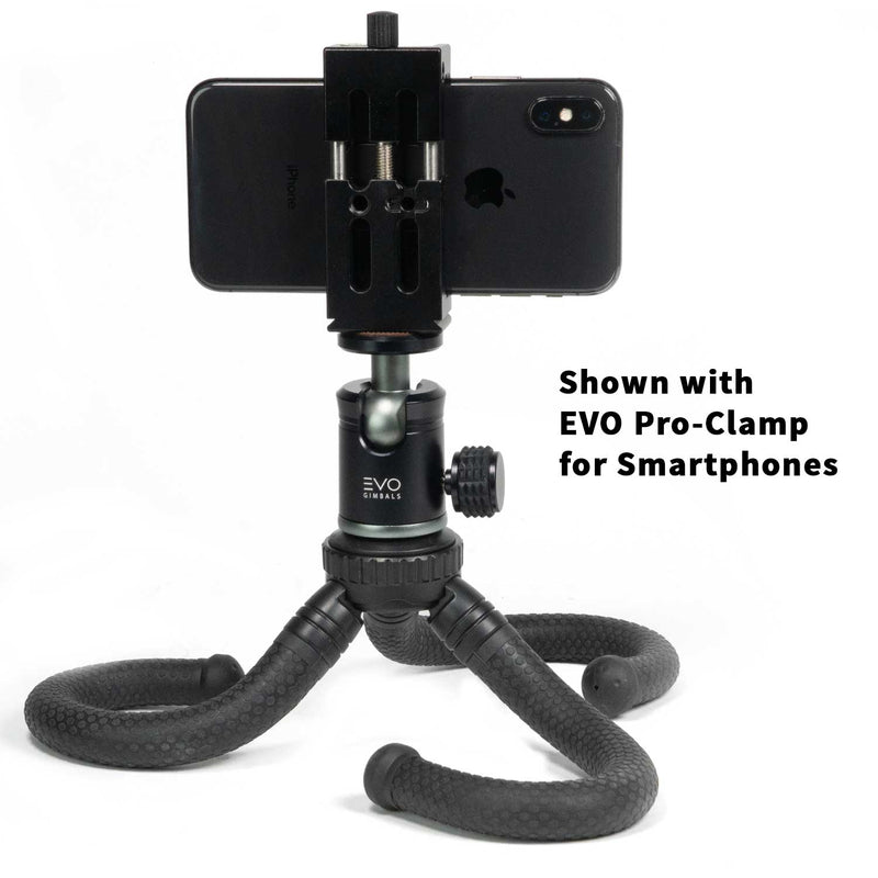 EVO GS-Flex Flexible Camera Tripod with 360 Ball Head - shown with EVO Pro-Clamp for smartphones & iPhone X