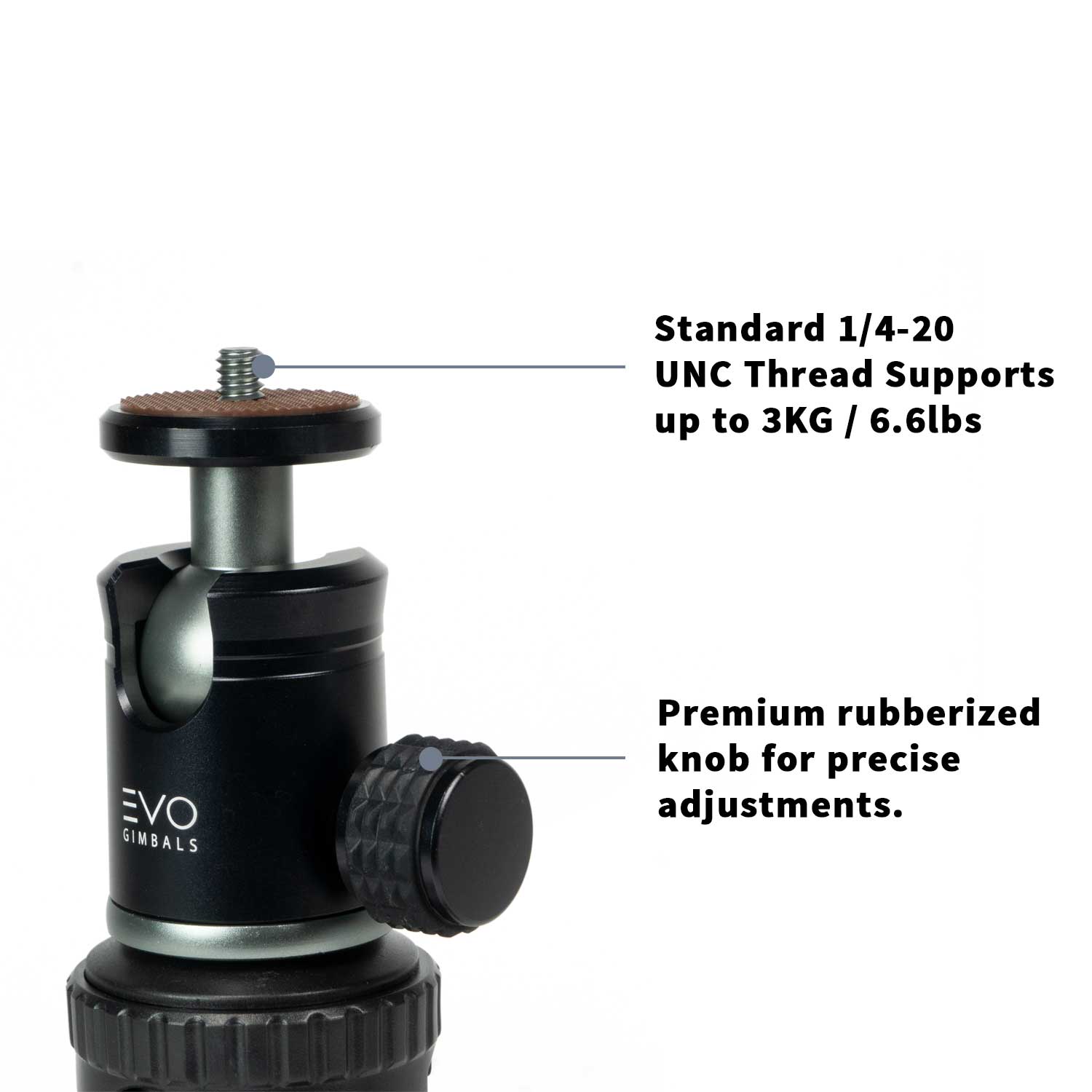 EVO GS-Flex Flexible Camera Tripod with 360 Ball Head - close up of CNC Ball head and adjustment knob