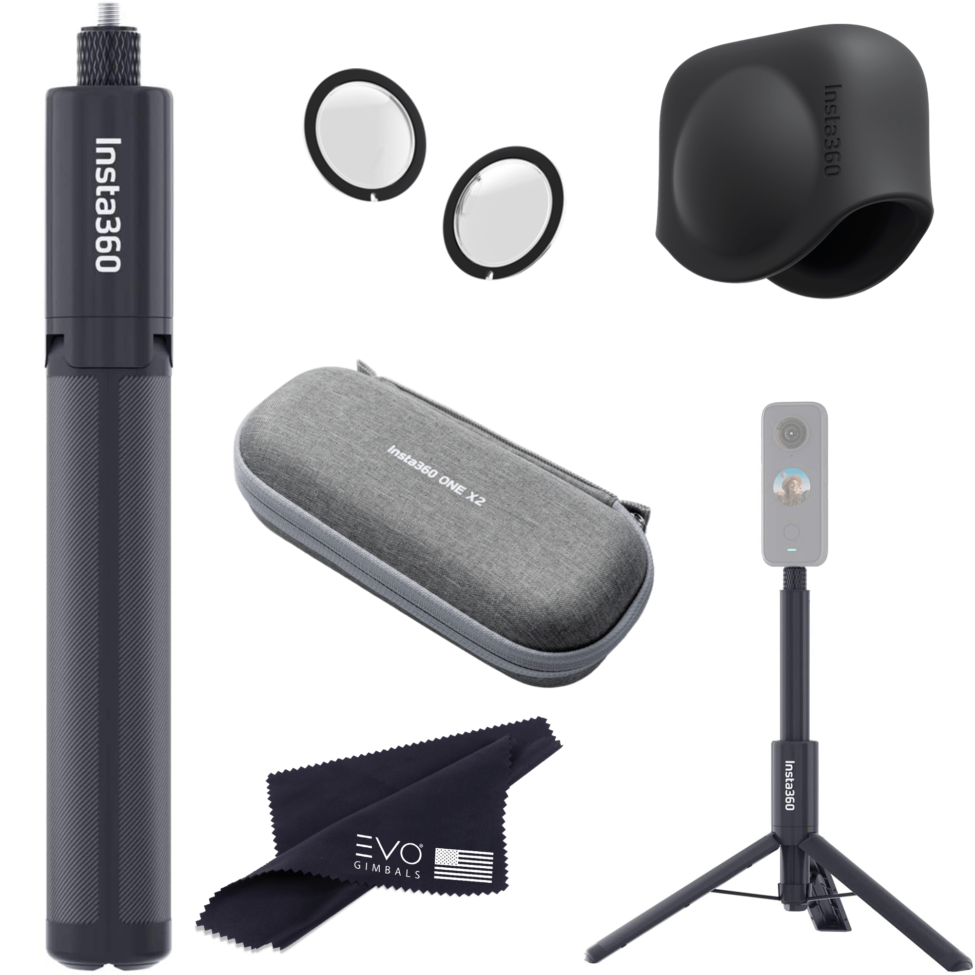 Insta360 Accessory Bundle with 2-in-1 Selfie Stick Built In Tripod,