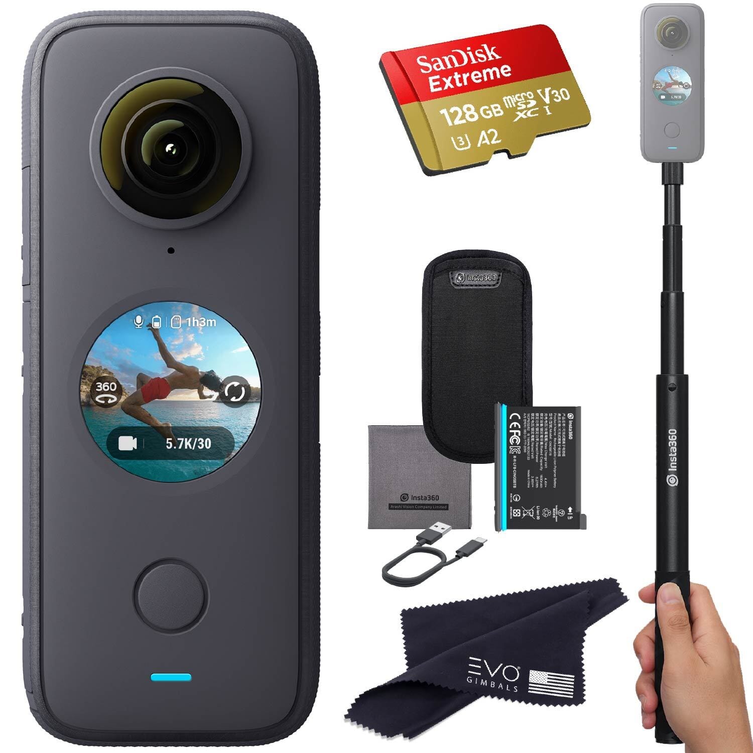 Insta360 ONE X2 Bundle with 128GB Memory Card & Invisible Selfie Stick insta360