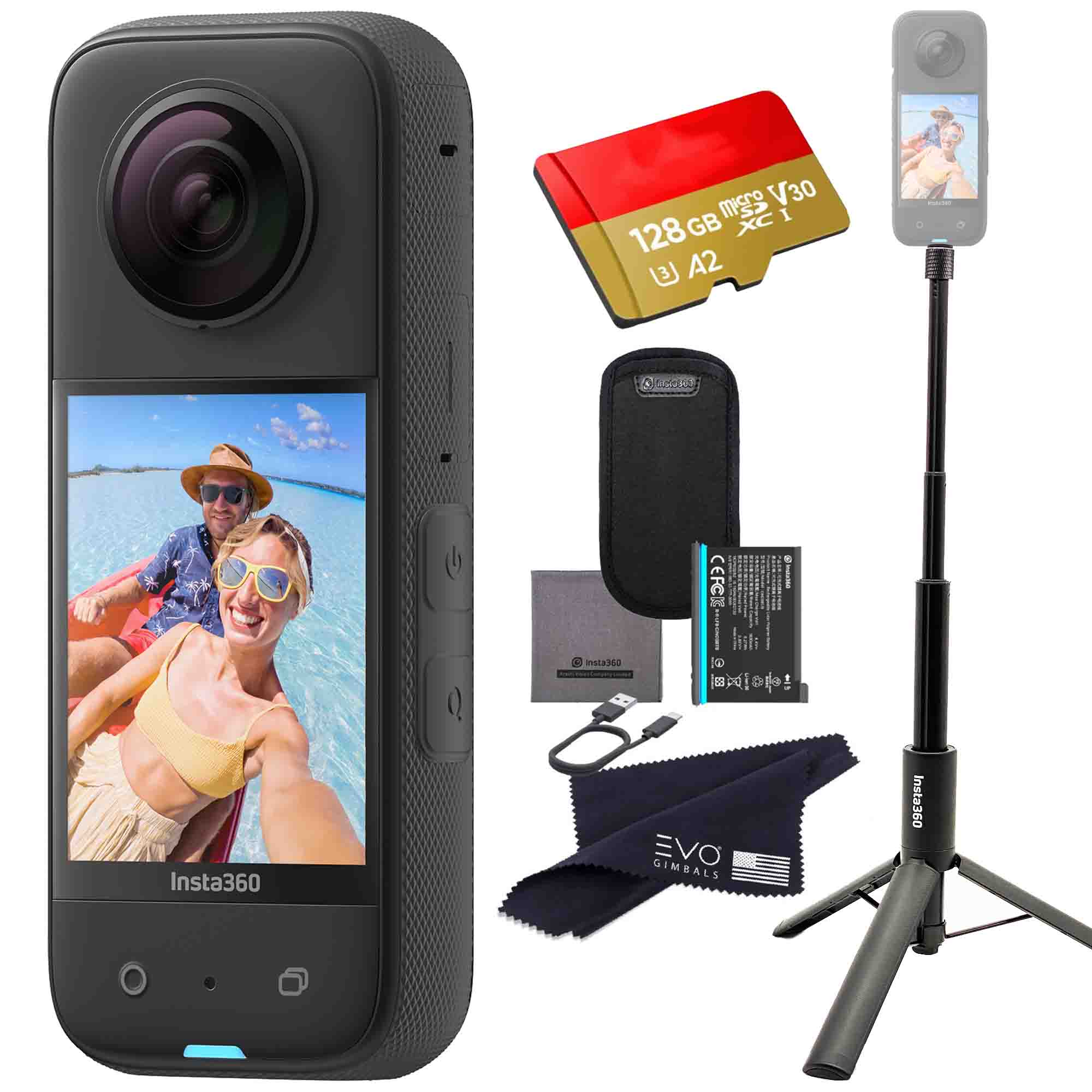 Insta360 X3 Bundle with 2-IN-1 Invisible Selfie Stick& SD card EVOGimbals.com 2-IN-1 Selfie+128gb