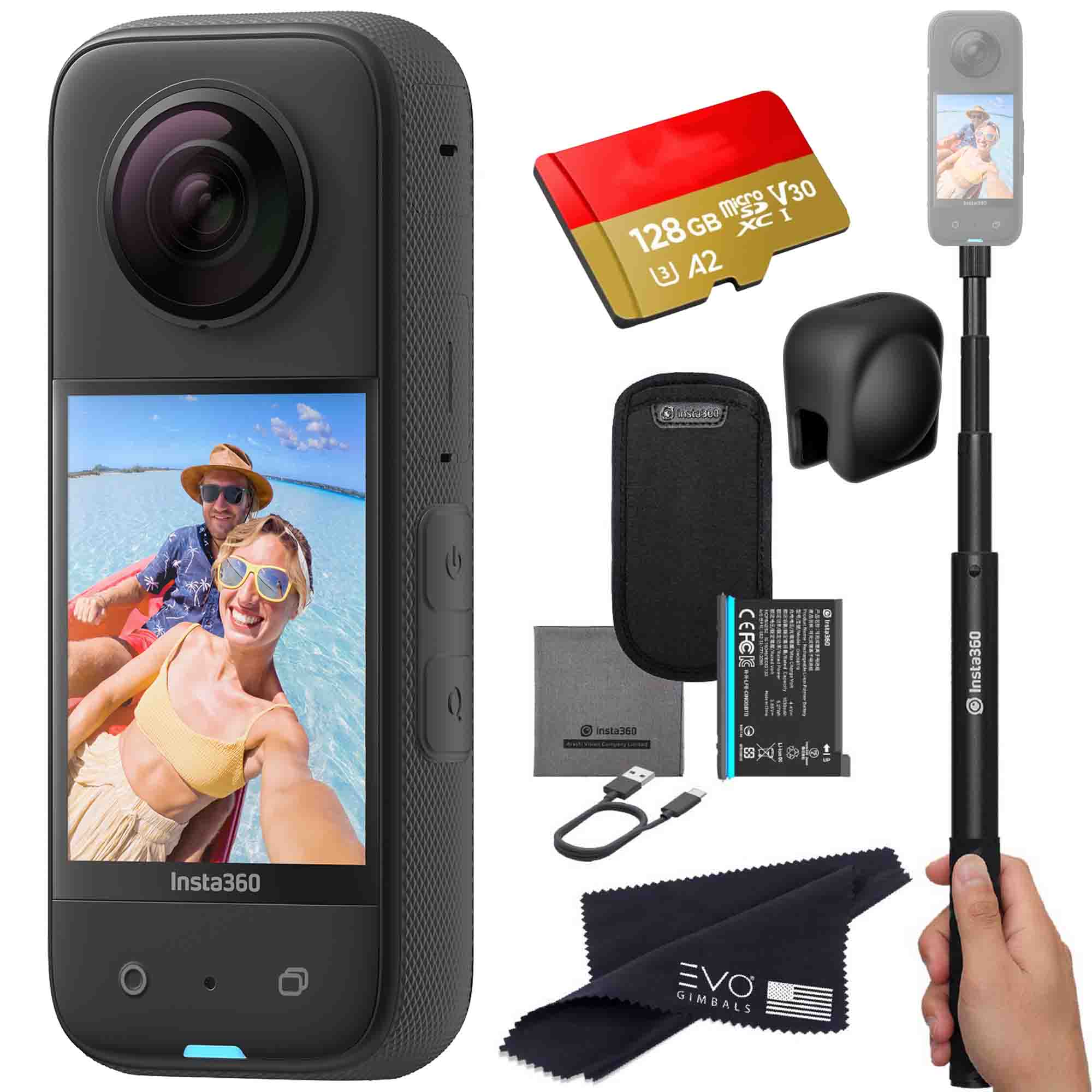 Insta360 X3 camera bundle with Invisible selfie stick, Lens Cap SD c