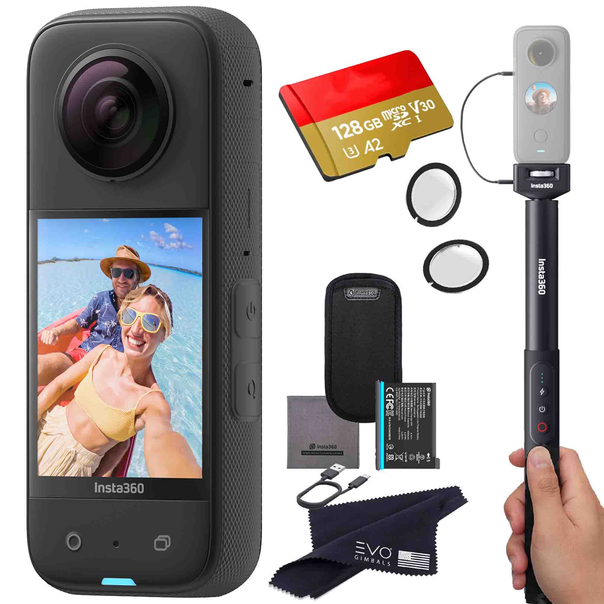 Insta360 X3 camera bundle with Power Invisible selfie stick, Lens guard &  SD card