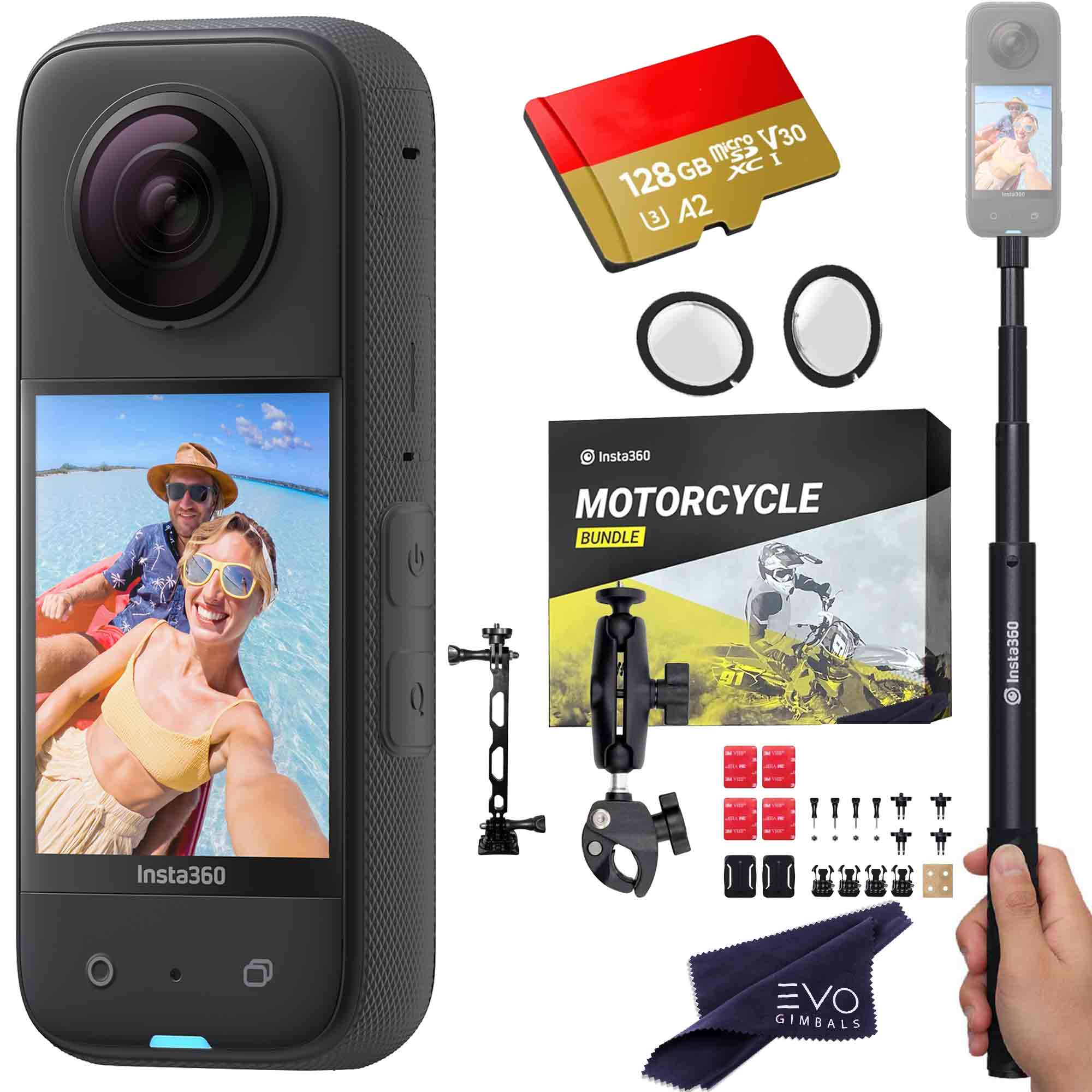 Insta360 X3 with Invisible bundle, Motorcycle camera stick, Len selfie