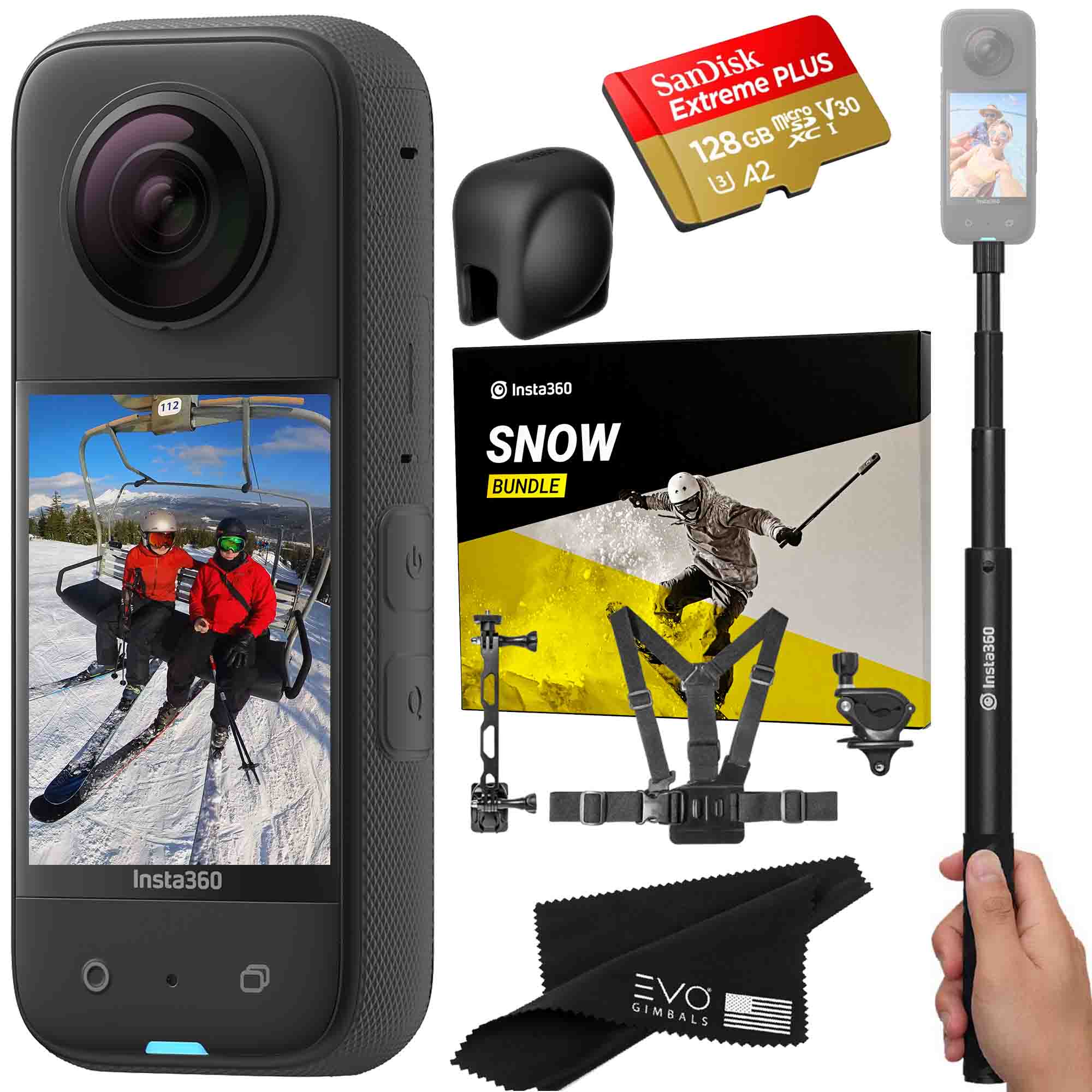 Insta360 X3 camera with Snow bundle, Invisible selfie stick, Lens Cap & SD  card