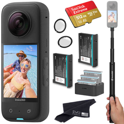 Insta360 X3 - Waterproof 360 Action Camera Bundle Includes Extra 2 Batteries, Charger, Invisible Selfie Stick, Lens Guard & Memory Card EVOGimbals.com 