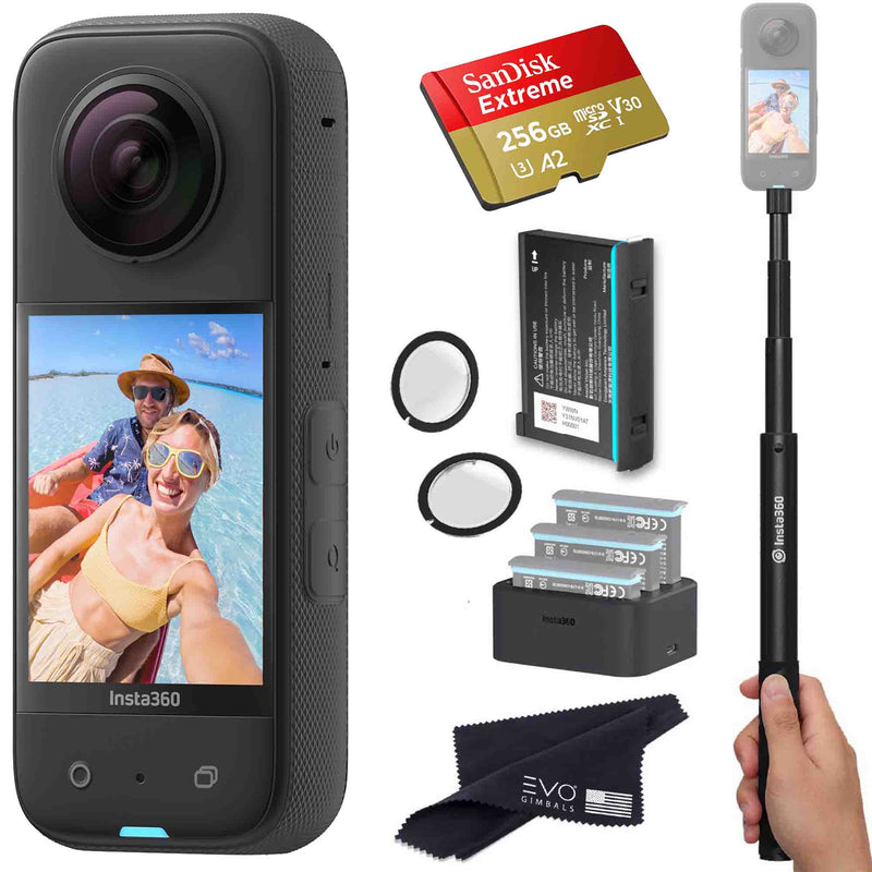 Insta360 X3 - Waterproof 360 Action Camera Bundle Includes Extra Battery, Charger, Invisible Selfie Stick, Lens Guard & Memory Card 360 camera EVOGimbals.com Battery+charger+Selfie+LG+512GB 