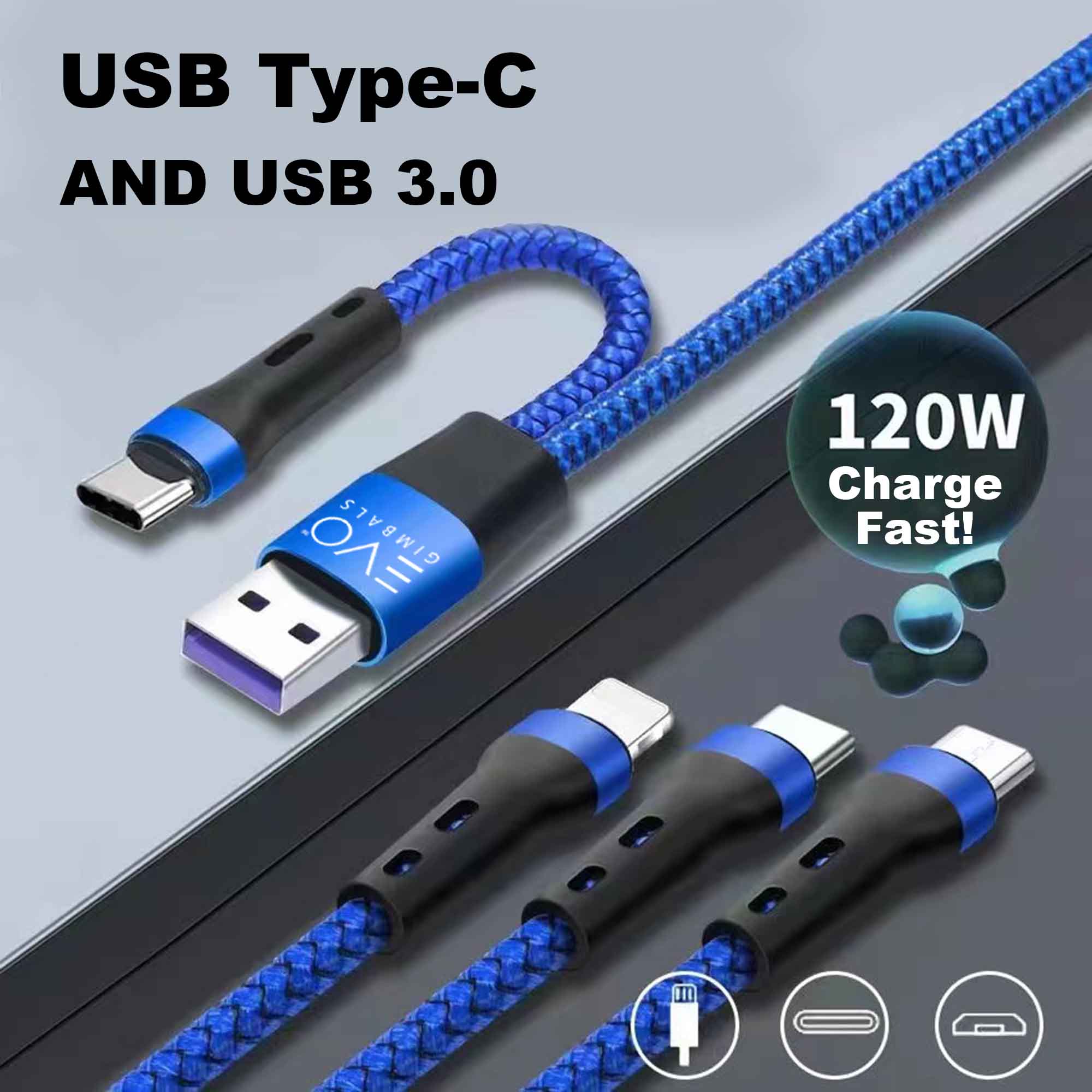 EVO Gimbals 48" Nylon Braided Multi Fast Charge Cable with USB and USB C Input and 3 in 1 Charging Options Type C/Lightning/Micro USB for Most Phones, Cameras, Tablets and Devices-(Blue) EVOGimbals.com 