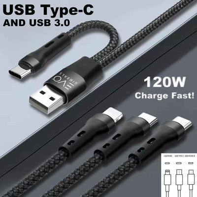 EVO Gimbals 48" Nylon Braided Multi Fast Charge Cable with USB and USB C Input and 3 in 1 Charging Options Type C/Lightning/Micro USB for Most Phones, Cameras, Tablets and Devices-(Black) EVOGimbals.com 