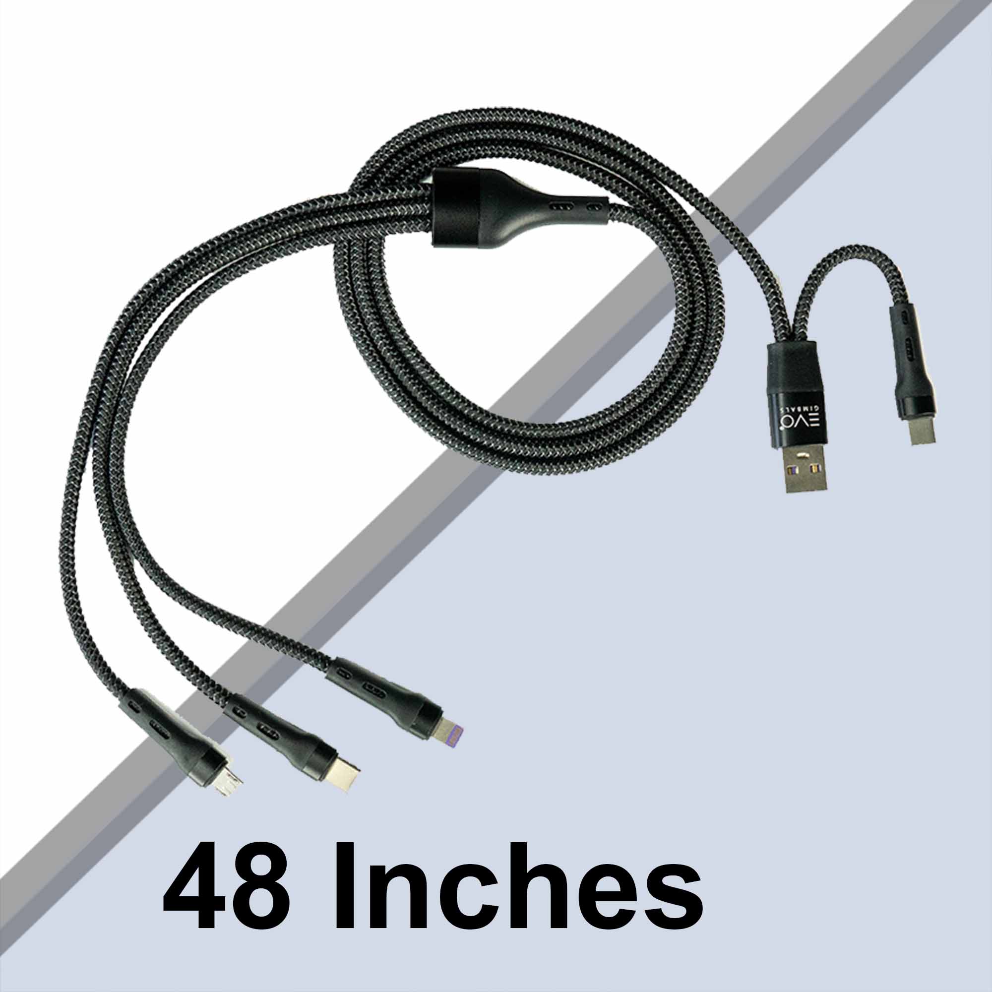 EVO Gimbals 48" Nylon Braided Multi Fast Charge Cable with USB and USB C Input and 3 in 1 Charging Options Type C/Lightning/Micro USB for Most Phones, Cameras, Tablets and Devices-(Black) EVOGimbals.com 
