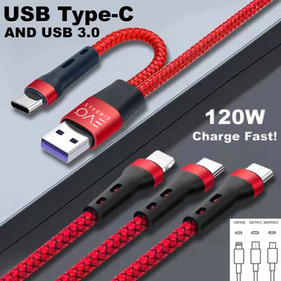 EVO Gimbals 48" Nylon Braided Multi Fast Charge Cable with USB and USB C Input and 3 in 1 Charging Options Type C/Lightning/Micro USB for Most Phones, Cameras, Tablets and Devices-(RED) EVOGimbals.com 