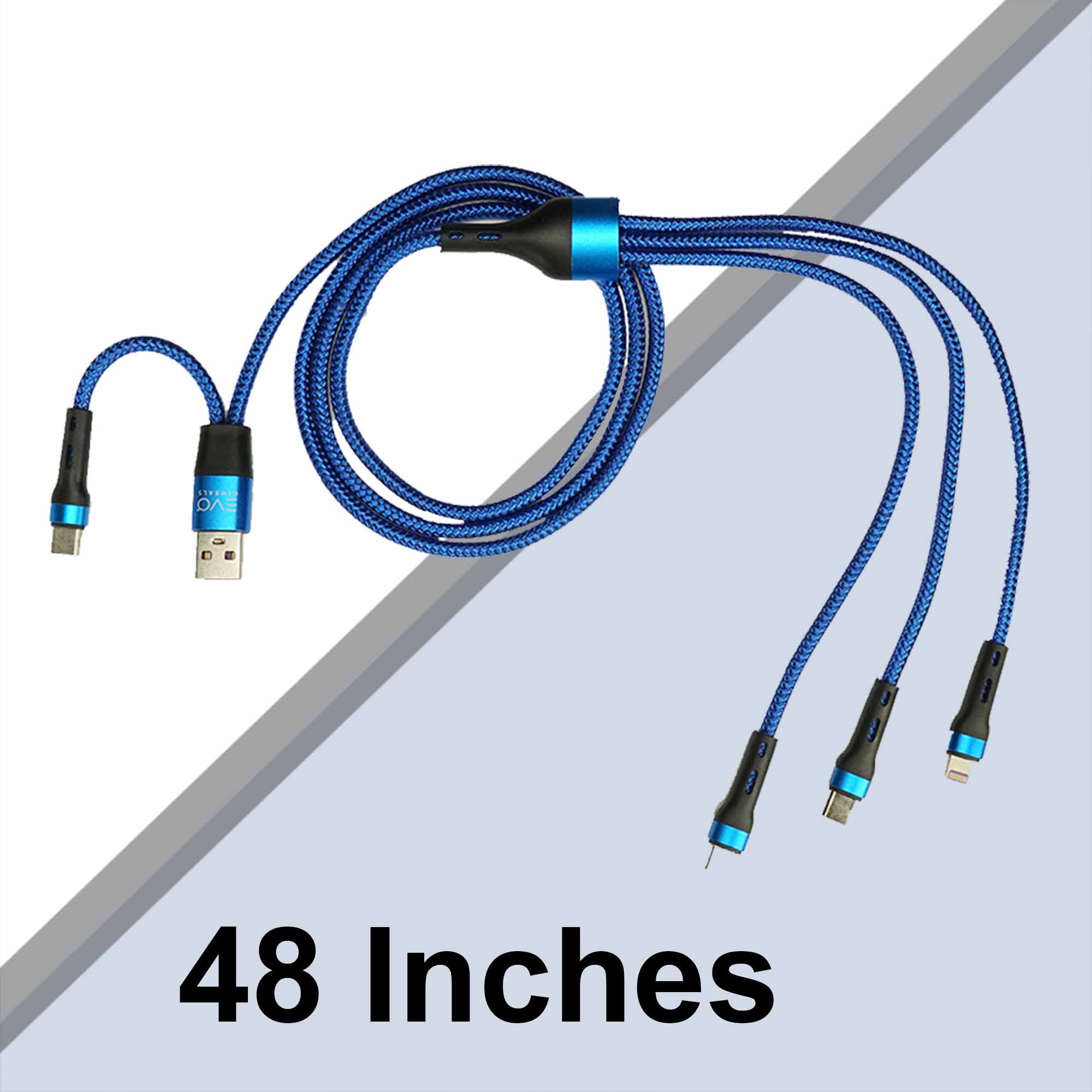 EVO Gimbals 48" Nylon Braided Multi Fast Charge Cable with USB and USB C Input and 3 in 1 Charging Options Type C/Lightning/Micro USB for Most Phones, Cameras, Tablets and Devices-(Blue) EVOGimbals.com 
