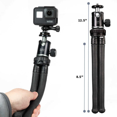 EVO GS-Flex Flexible Camera Tripod with 360 Ball Head - overall length specifications,  shown with GoPro Hero7 Black
