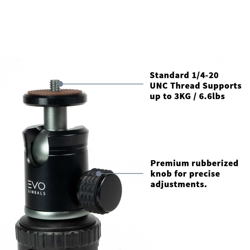 EVO GS-Flex Flexible Camera Tripod with 360 Ball Head - close up of CNC Ball head and adjustment knob