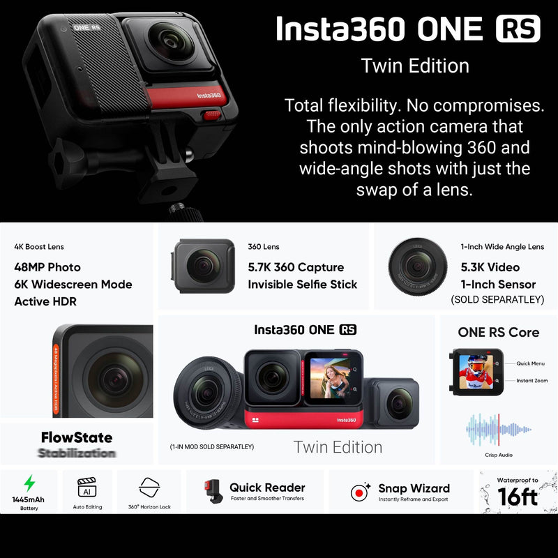 Insta360 ONE RS Twin Edition Camera CINRSGP/A - 15PC Accessory Bundle 