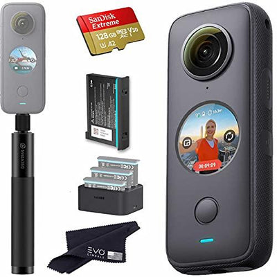 Insta360 ONE X2 360 Camera Bundle Includes Extra Battery, Charger, Selfie Stick & 128GB Memory Card (5 Items) insta360 