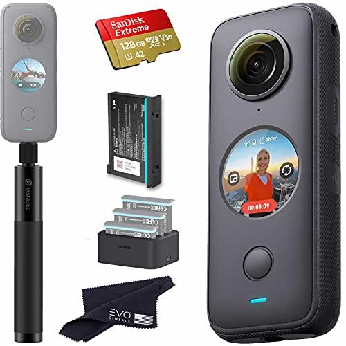 Insta360 ONE X2 360 Camera Bundle Includes Extra Battery, Charger, Selfie Stick & 128GB Memory Card (5 Items) insta360 