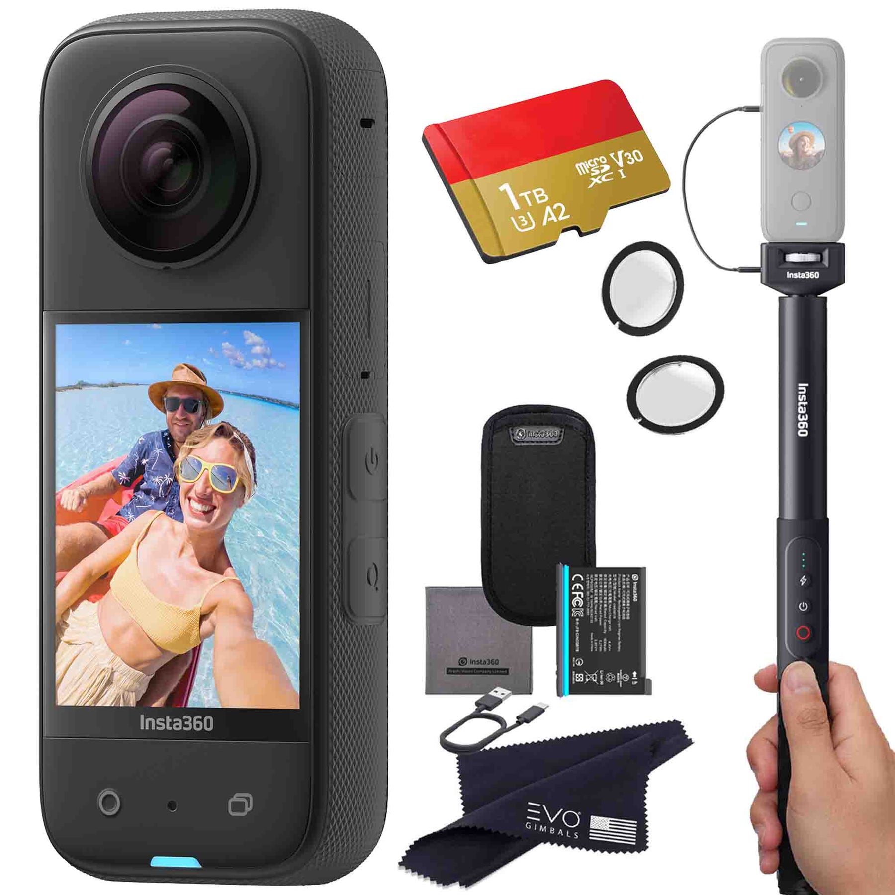 Insta360 X3 camera bundle with Power Invisible selfie stick, Lens guar