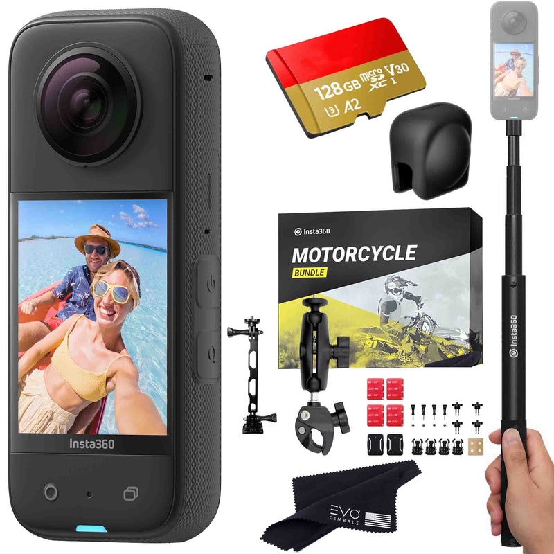 Insta360 X3 camera with Motorcycle bundle, Invisible selfie stick, Lens Cap & SD card EVOGimbals.com MOTO+Selfie stick+LC+128gb 