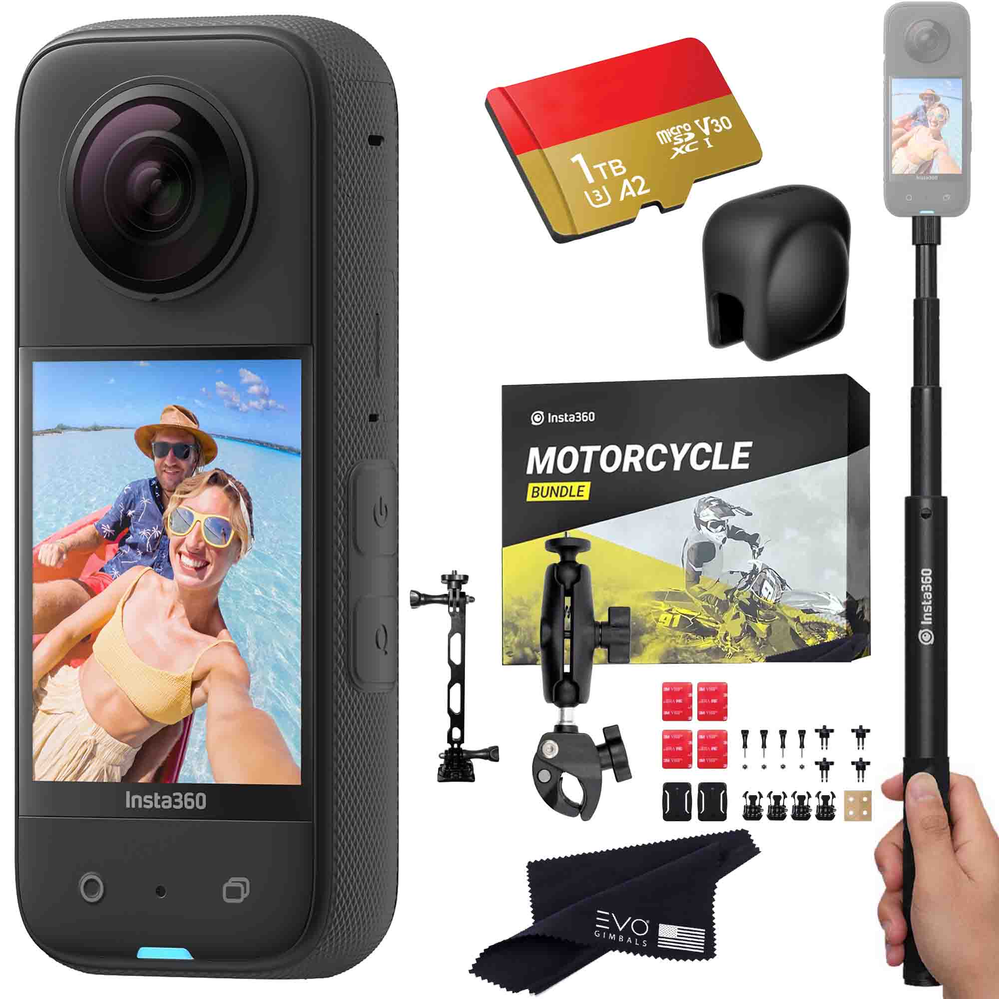 Insta360 X3 camera with Motorcycle bundle, Invisible selfie stick, Len