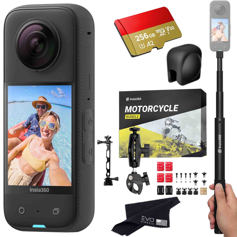 Insta360 X3 camera with Motorcycle bundle, Invisible selfie stick, Lens Cap & SD card EVOGimbals.com MOTO+Selfie Stick+LC+256gb 
