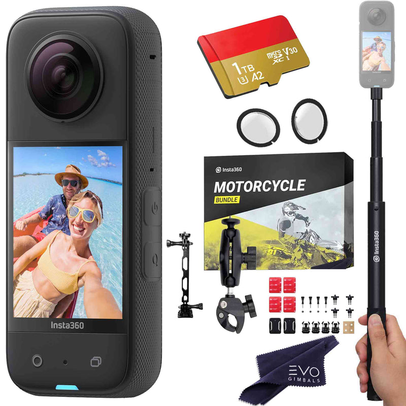 Insta360 X3 camera with Motorcycle bundle, Invisible selfie stick, Lens guard & SD card EVOGimbals.com MOTO+Selfie stick+LG+1TB 
