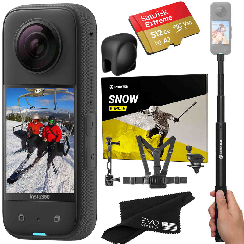 Insta360 X3 camera with Snow bundle, Invisible selfie stick, Lens Cap & SD card EVOGimbals.com Snow+Selfie stick+LC+512GB 