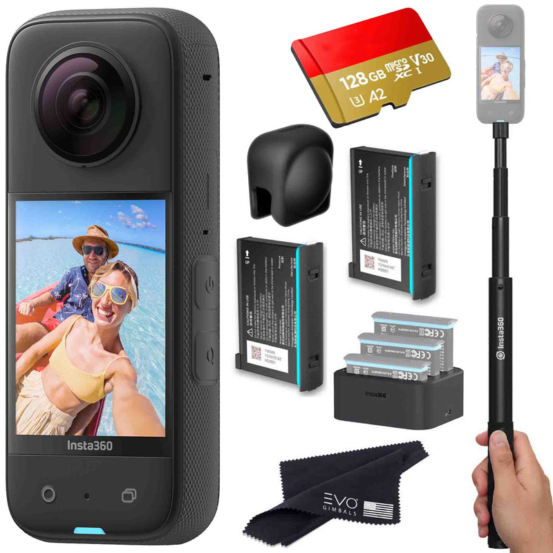 Insta360 X3 - Waterproof 360 Action Camera Bundle Includes Extra 2 Batteries, Charger, Invisible Selfie Stick, Lens Cap & Memory Card EVOGimbals.com 2 Batteries+charger+Selfie+LG+128gb 