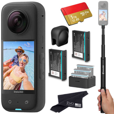 Insta360 X3 - Waterproof 360 Action Camera Bundle Includes Extra 2 Batteries, Charger, Invisible Selfie Stick, Lens Cap & Memory Card EVOGimbals.com 2 Batteries+charger+Selfie+LG+1TB 