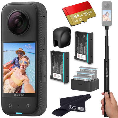 Insta360 X3 - Waterproof 360 Action Camera Bundle Includes Extra 2 Batteries, Charger, Invisible Selfie Stick, Lens Cap & Memory Card EVOGimbals.com 2 Batteries+charger+Selfie+LG+256gb 