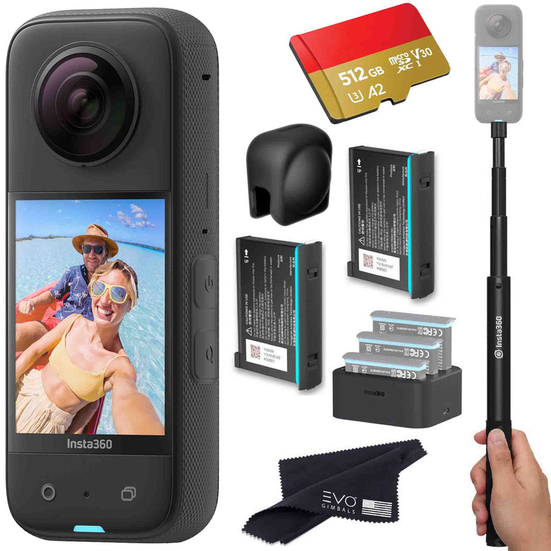 Insta360 X3 - Waterproof 360 Action Camera Bundle Includes Extra 2 Batteries, Charger, Invisible Selfie Stick, Lens Cap & Memory Card EVOGimbals.com 