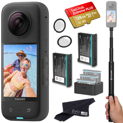 Insta360 X3 - Waterproof 360 Action Camera Bundle Includes Extra 2 Batteries, Charger, Invisible Selfie Stick, Lens Guard & Memory Card EVOGimbals.com 2 Batteries+charger+Selfie+LG+128gb 
