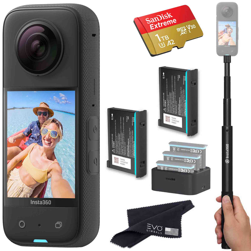 Insta360 X3 - Waterproof 360 Action Camera Bundle Includes Extra 2 Batteries, Charger, Invisible Selfie Stick & Memory Card Insta360 X3 EVOGimbals.com 2 Batteries+charger+Selfie+1TB 