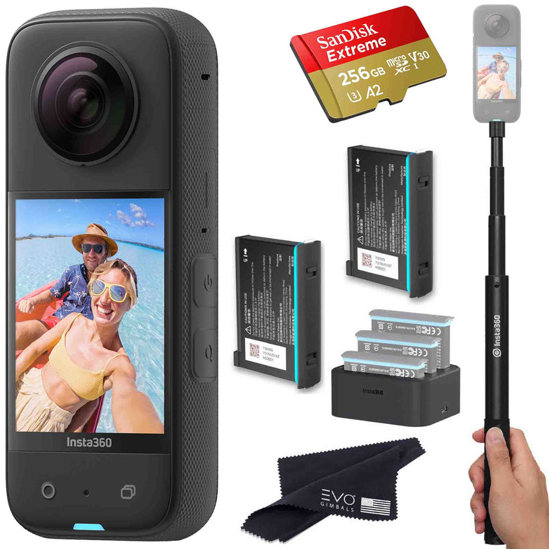 Insta360 X3 - Waterproof 360 Action Camera Bundle Includes Extra 2 Batteries, Charger, Invisible Selfie Stick & Memory Card Insta360 X3 EVOGimbals.com 2 Batteries+charger+Selfie+256gb 
