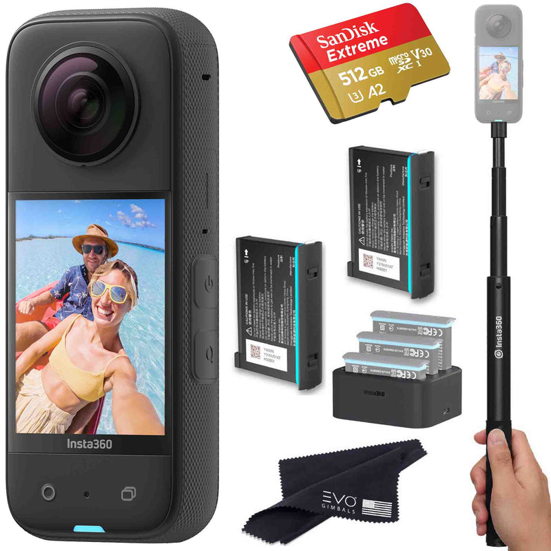 Insta360 X3 - Waterproof 360 Action Camera Bundle Includes Extra 2 Batteries, Charger, Invisible Selfie Stick & Memory Card Insta360 X3 EVOGimbals.com 2 Batteries+charger+Selfie+512GB 