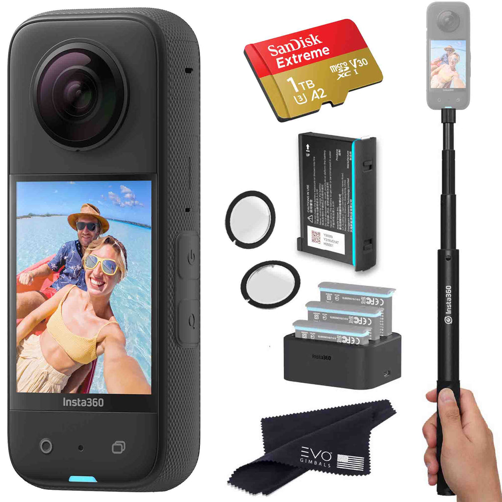 Insta360 X3 - Waterproof 360 Action Camera Bundle Includes Extra Battery, Charger, Invisible Selfie Stick, Lens Guard & Memory Card 360 camera EVOGimbals.com 