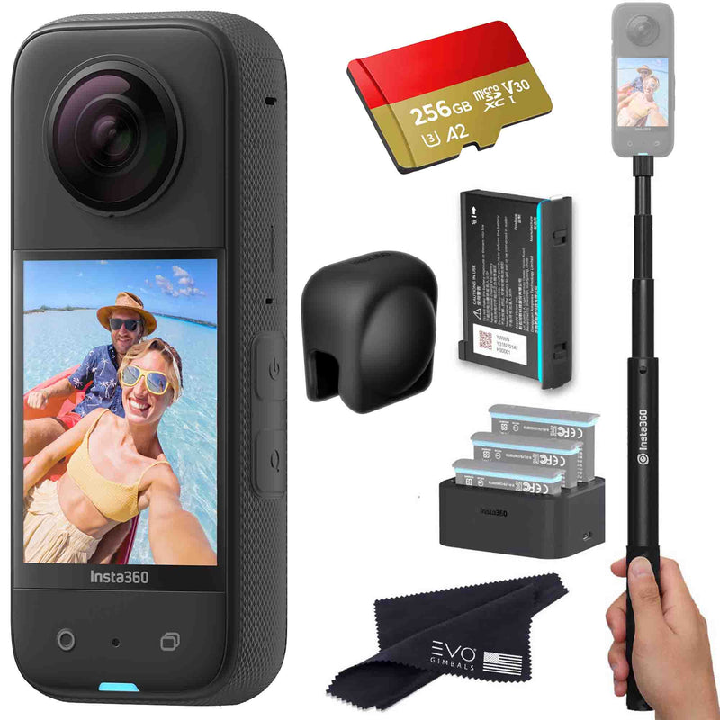 Insta360 X3 - Waterproof 360 Action Camera Bundle Includes Extra Battery, Charger, Invisible Selfie Stick, Lens Guard & Memory Card 360 camera EVOGimbals.com Battery+charger+Selfie+LC+256gb 
