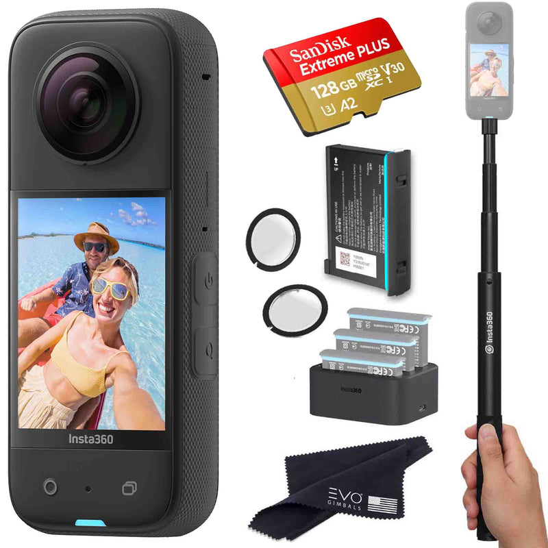 Insta360 X3 - Waterproof 360 Action Camera Bundle Includes Extra Battery, Charger, Invisible Selfie Stick, Lens Guard & Memory Card 360 camera EVOGimbals.com Battery+charger+Selfie+LG+128gb 