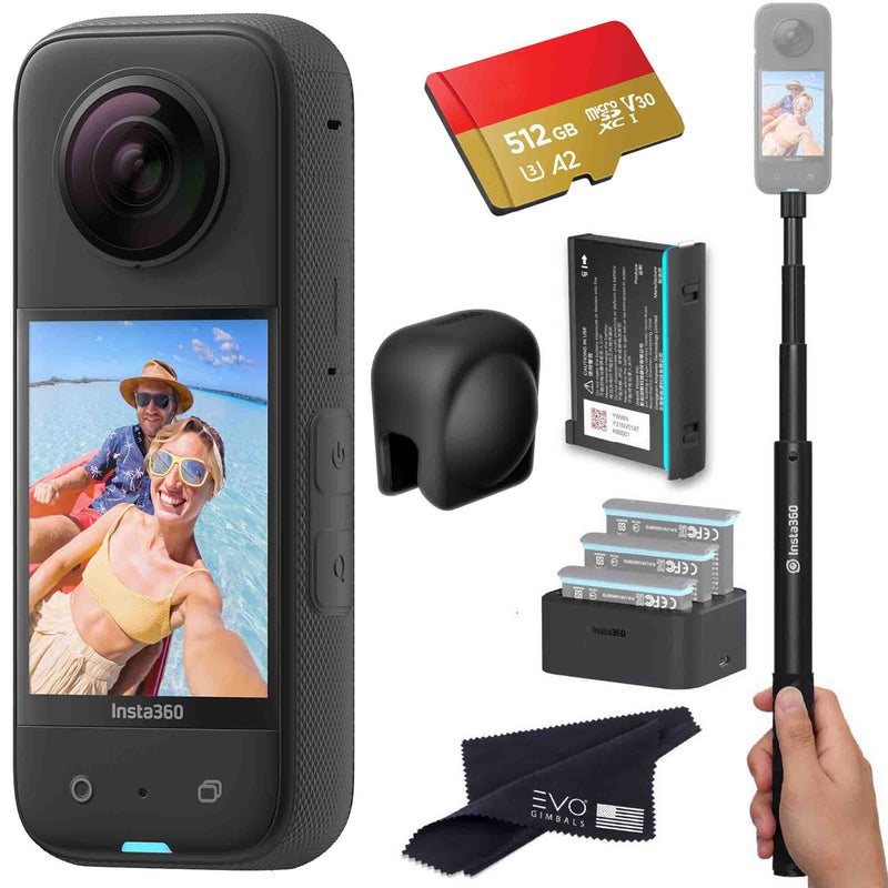 Insta360 X3 - Waterproof 360 Action Camera Bundle Includes Extra Battery, Charger, Invisible Selfie Stick, Lens Guard & Memory Card 360 camera EVOGimbals.com Battery+charger+Selfie+LC+512GB 