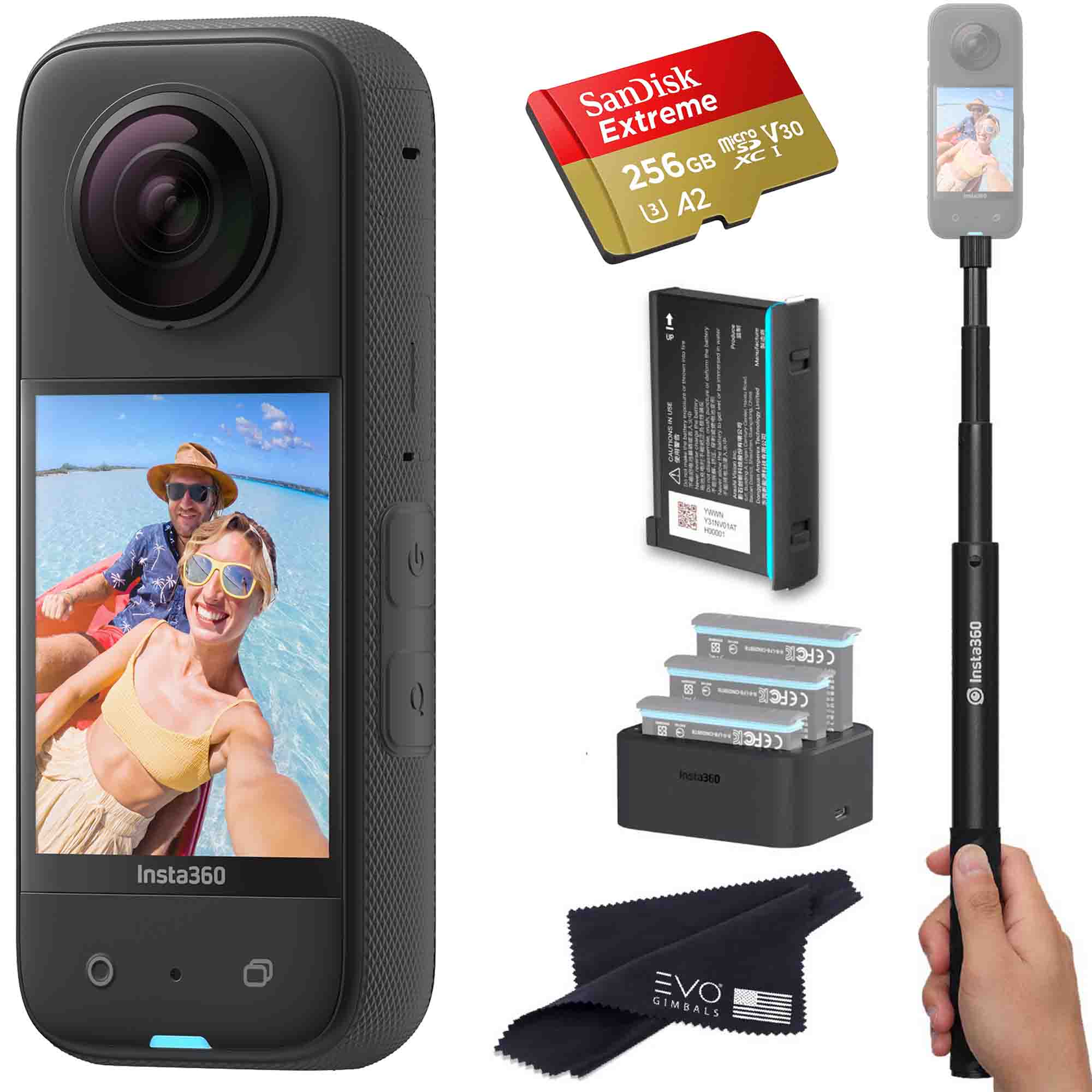 Insta360 X3 - Waterproof 360 Action Camera Bundle Includes Extra Battery, Charger, Invisible Selfie Stick & Memory Card EVOGimbals.com 